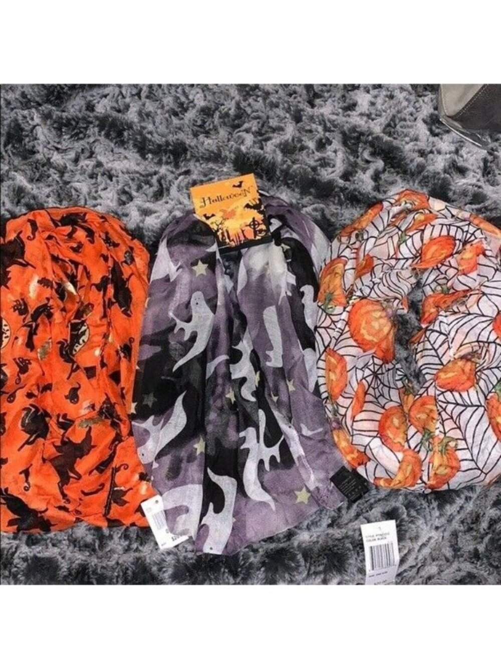 Halloween-Themed Infinity Scarves w/ Ghosts Pumpkins & Witches - Set Of 3